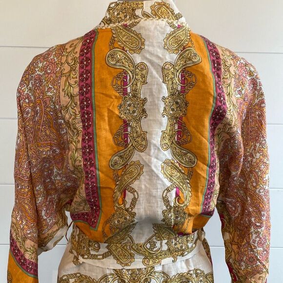 Magaschoni 100% Linen Orange Yellow Wrap Midi Dress, Size Small - Picture 8 of 12